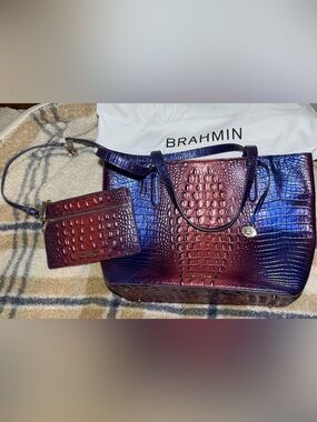 Brahmin pink and blue Croc-Embossed Leather Tote with Zip Wallet